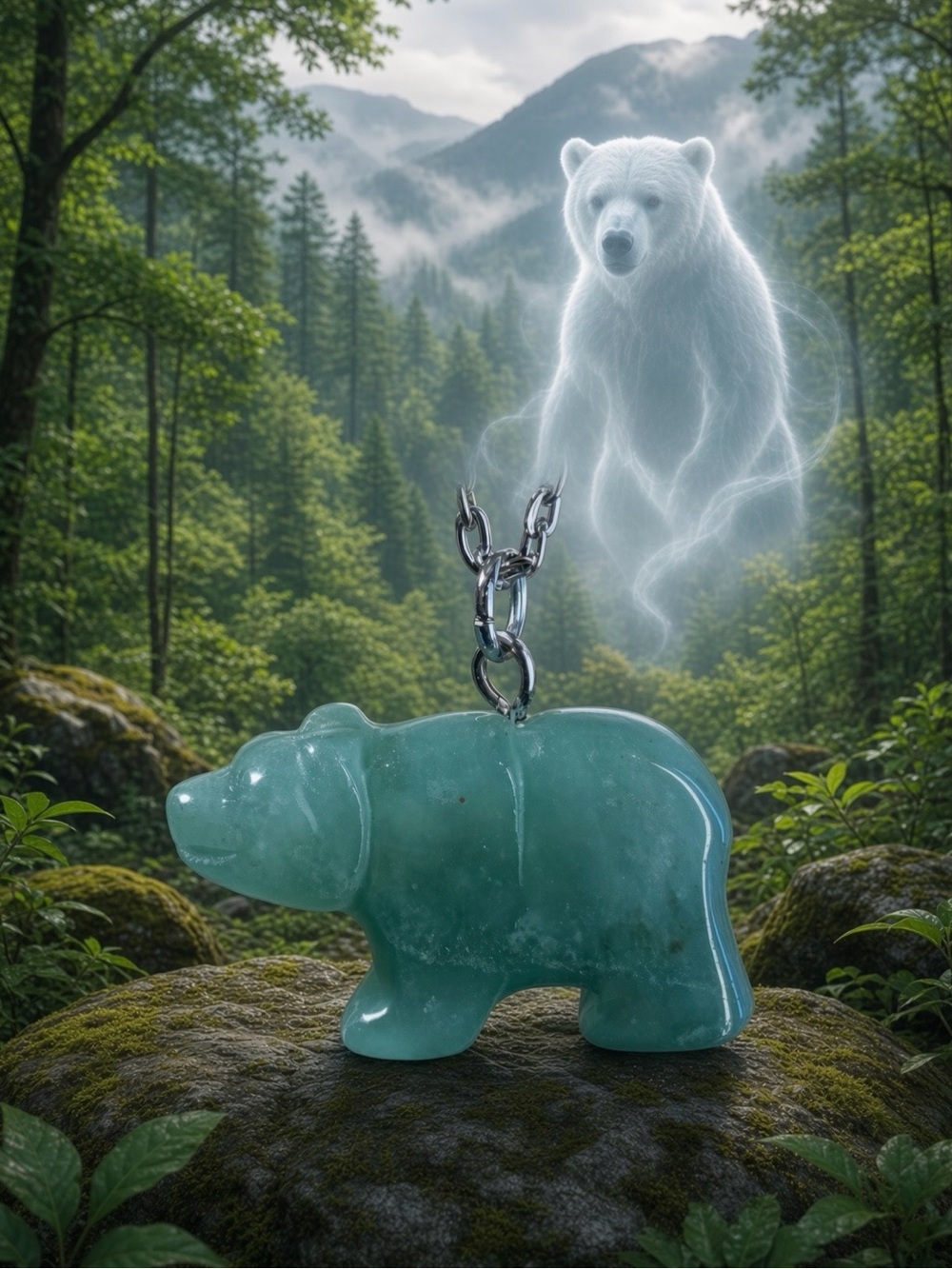 Green Aventurine Bear Hand-Carved Pendant Necklace Long
